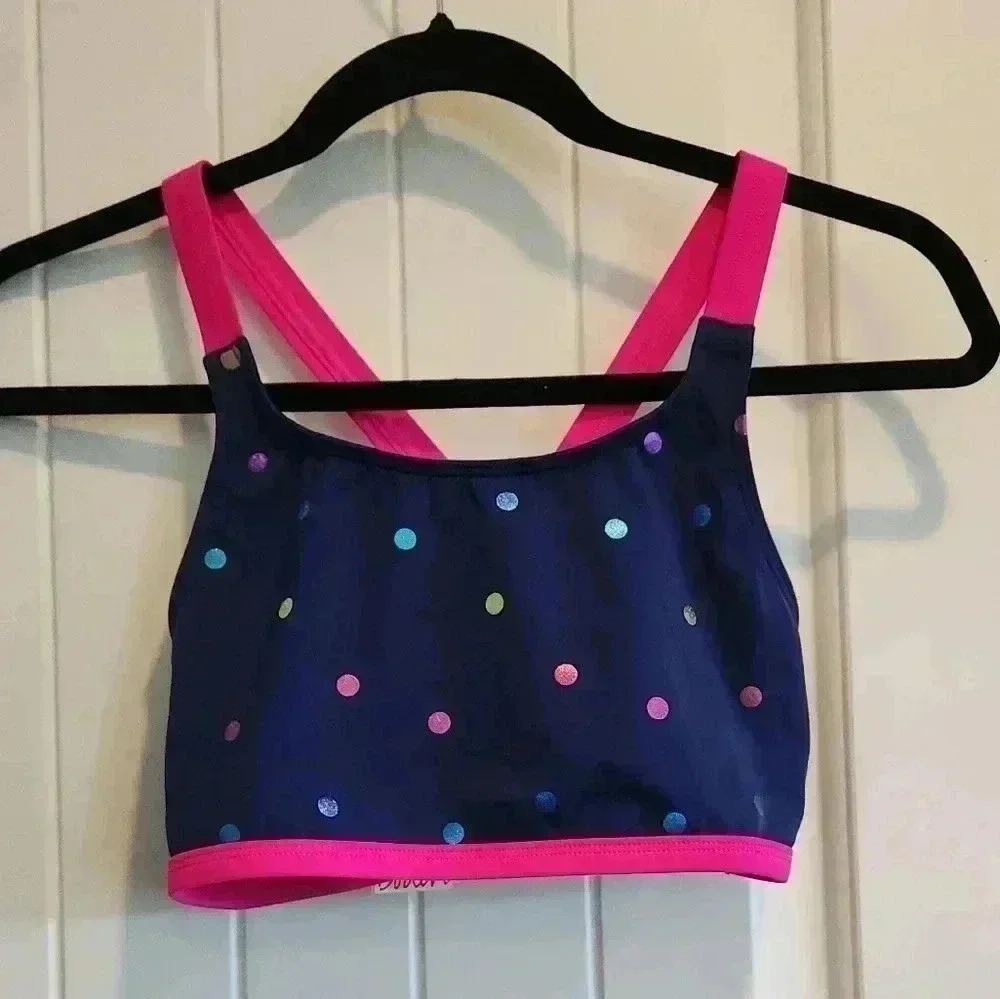 Cross back bikini top in rainbow foil confetti.  NWT size 13/14 youth